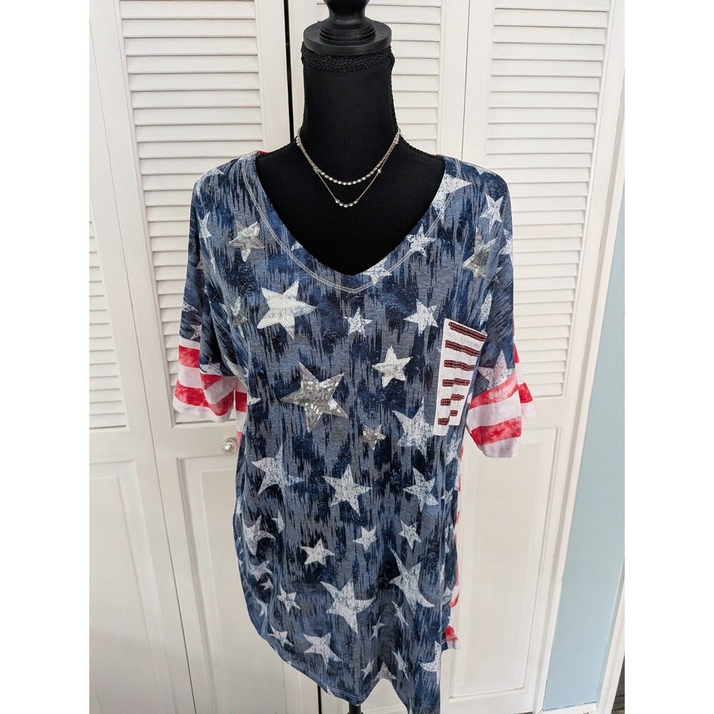 Thomas & Olivia Top Women's 2X T-shirt Flag Stars Red White Blue Bling America